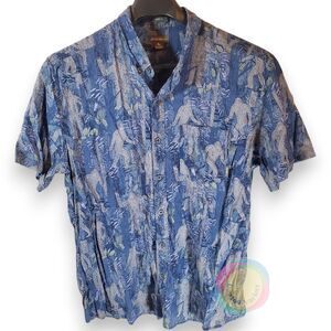 Eddie Bauer Bigfoot Hawaiian Shirt Mens XL Blue White